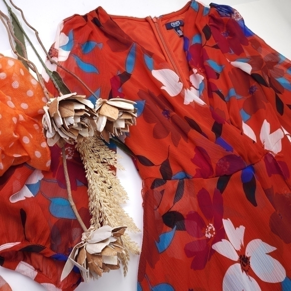 CHAPS Reddish Orange Blue Floral Dress Size 4 - Picture 2 of 15